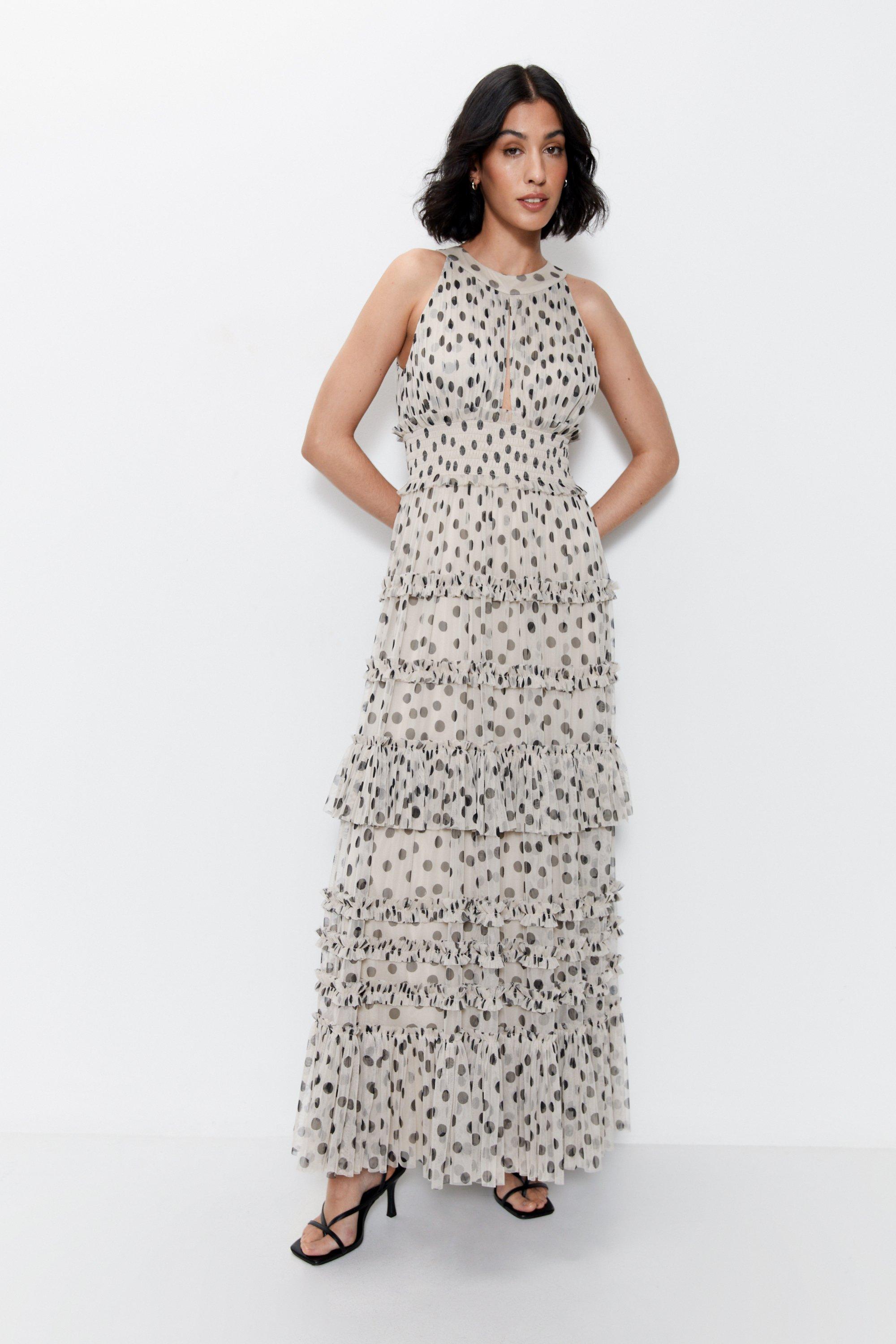 Dresses Polka Dot Printed Tulle Keyhole Halter Maxi Dress