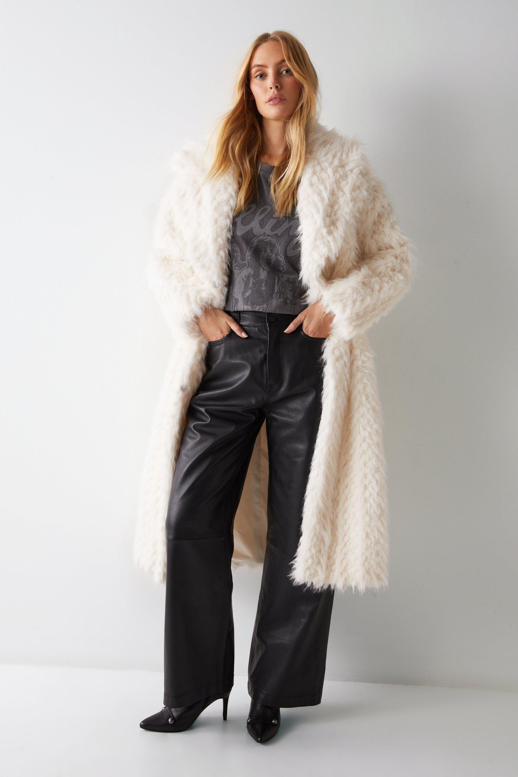 Warehouse longline faux hot sale fur coat in tobacco