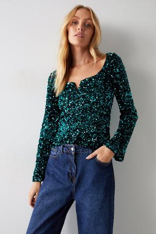 M&Co Gold Flute Sleeve Sequin Top