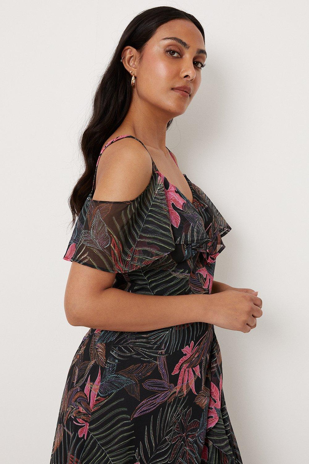 Dresses Petite Palm Print Cold Shoulder Midi Dress Wallis