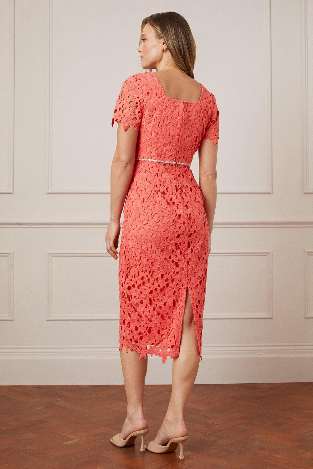 Coral lace midi on sale dress