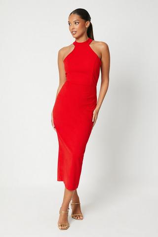 Oasis Premium Crepe Twist Front Midi Dress in Red