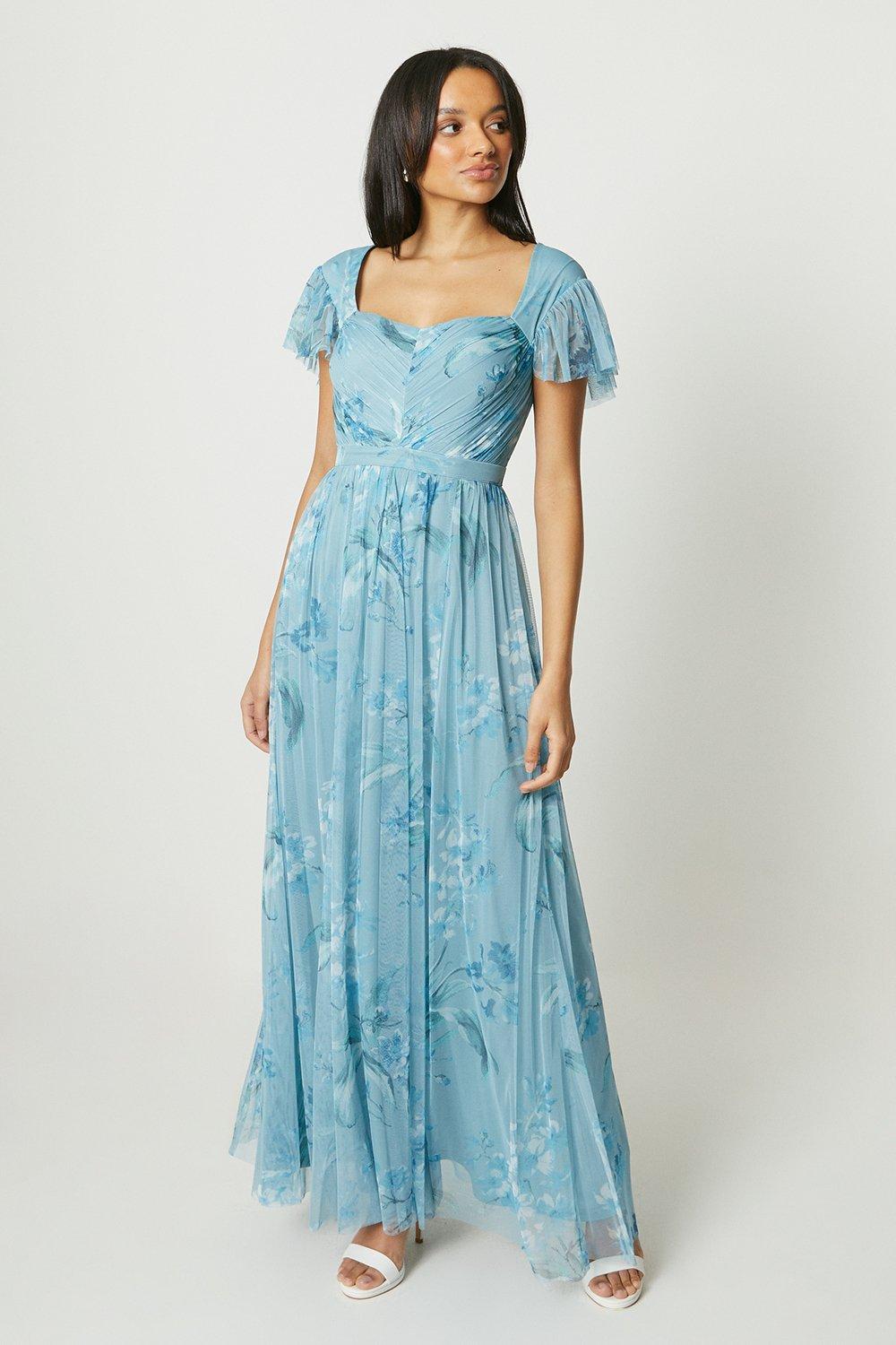 Half Sleeve Floral Sky Blue Satin Engagement Dress - Xdressy