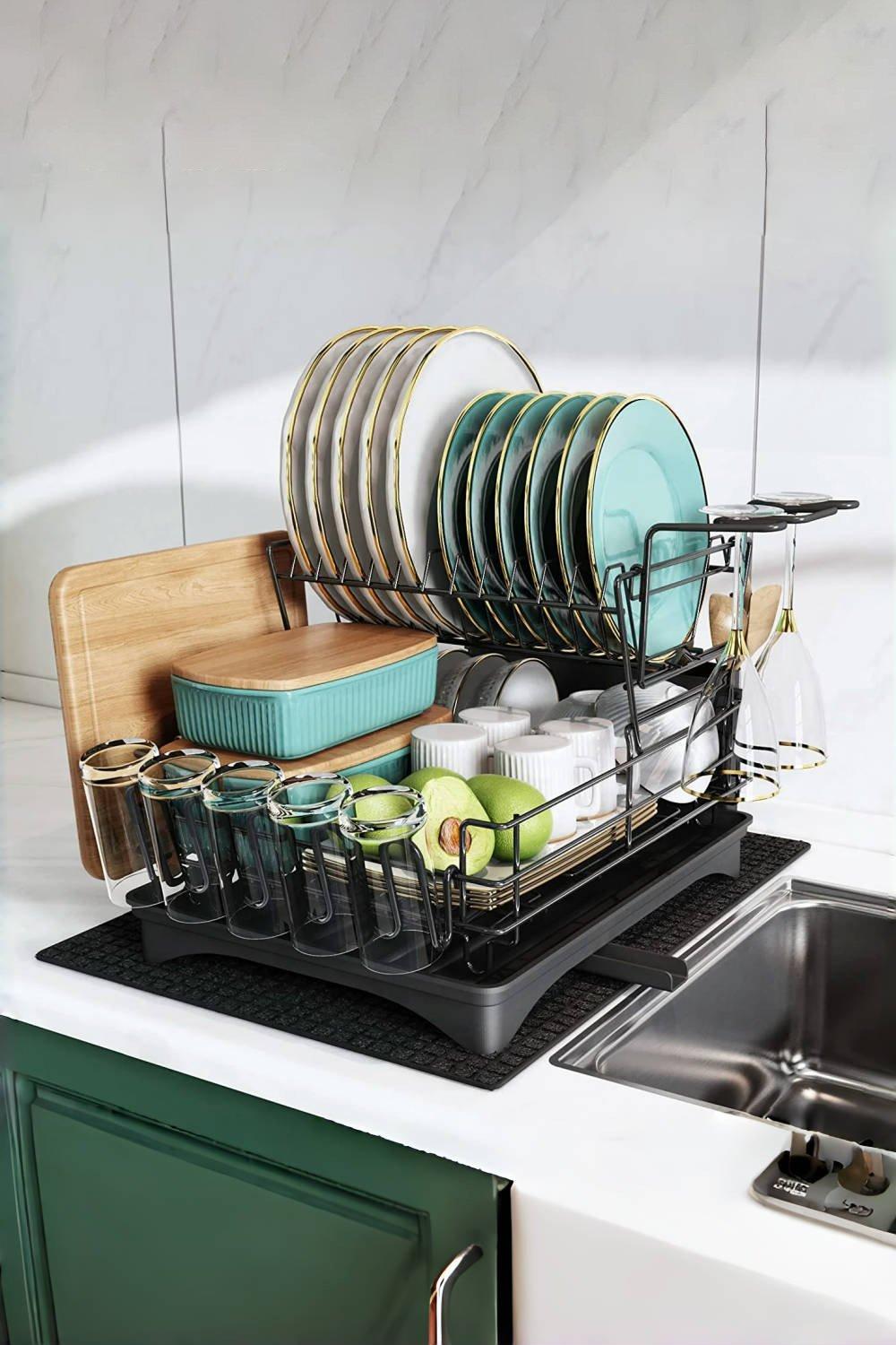 Livingandhome 3 Tier Green Kitchen Dish Drainer Rack Dish Drying Rack with  Cutlery Holder