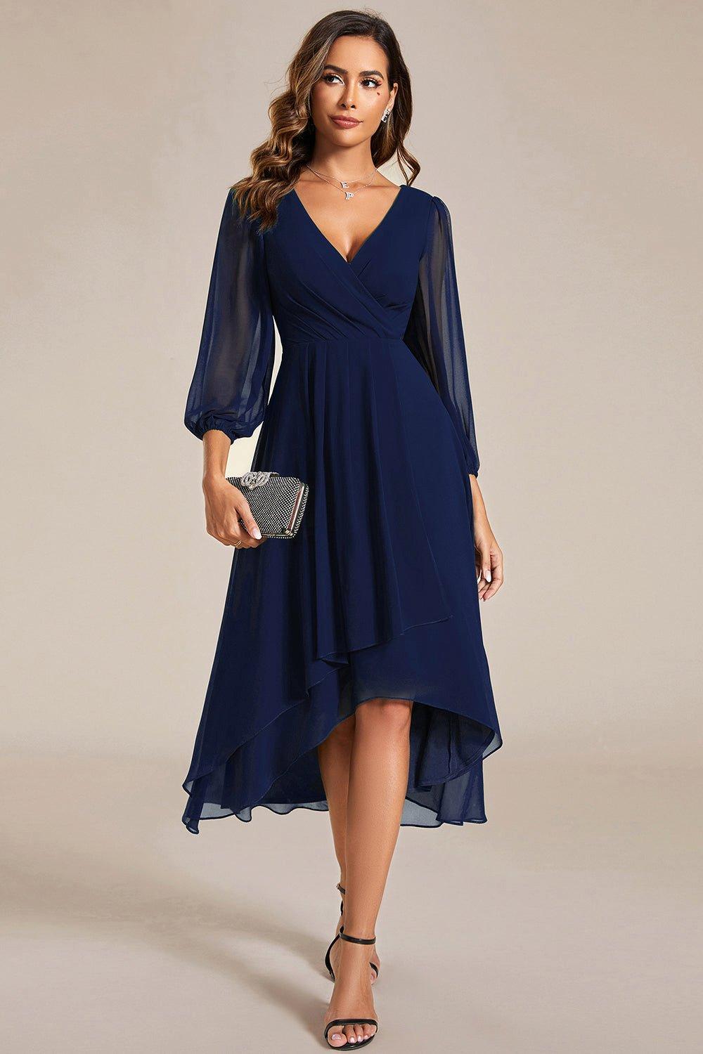 Dresses | Elegant Long Sleeve V-Neck High Low Chiffon Wedding Guest Dress |  Ever Pretty