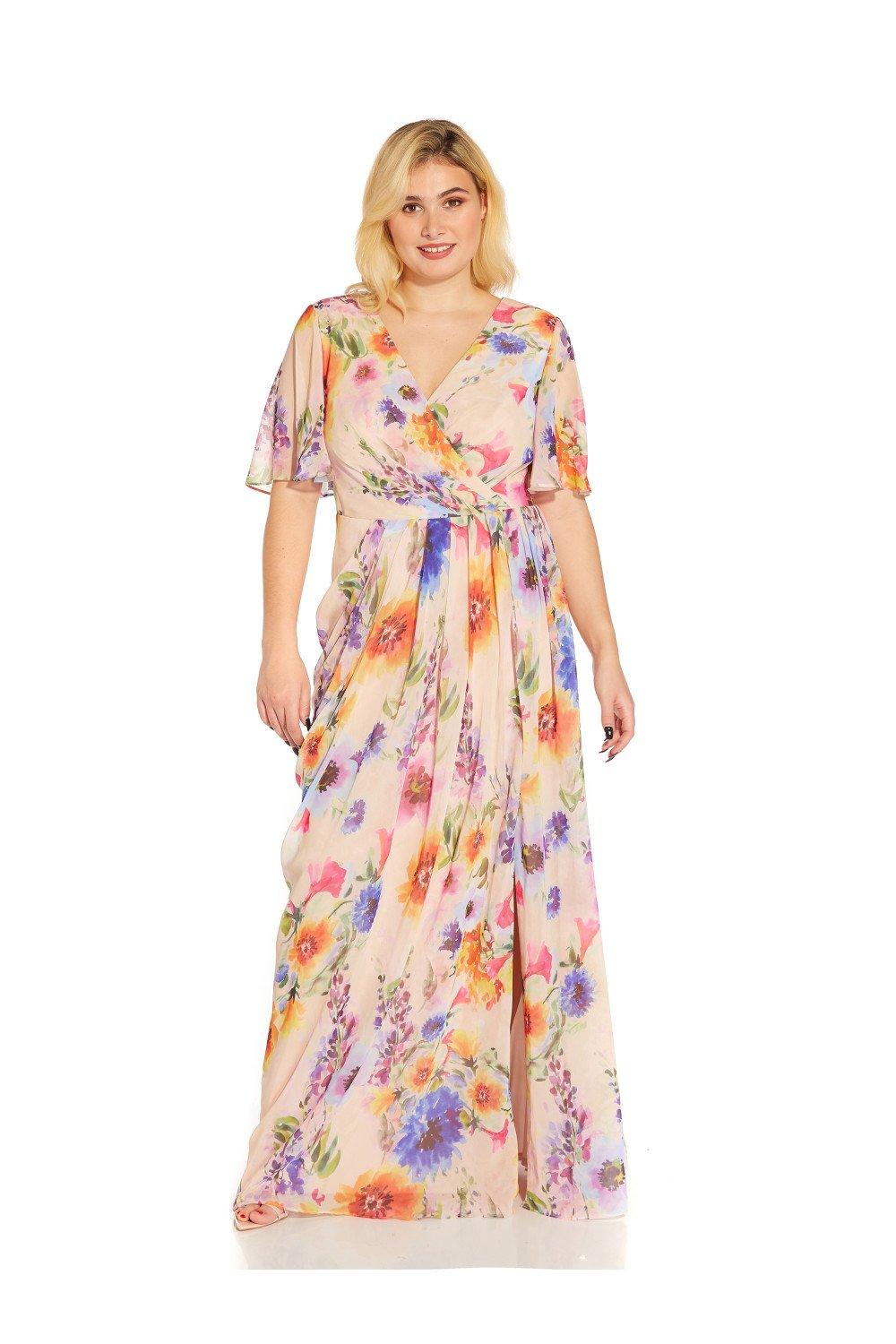 Dresses Plus Floral Printed Chiffon Gown Adrianna Papell