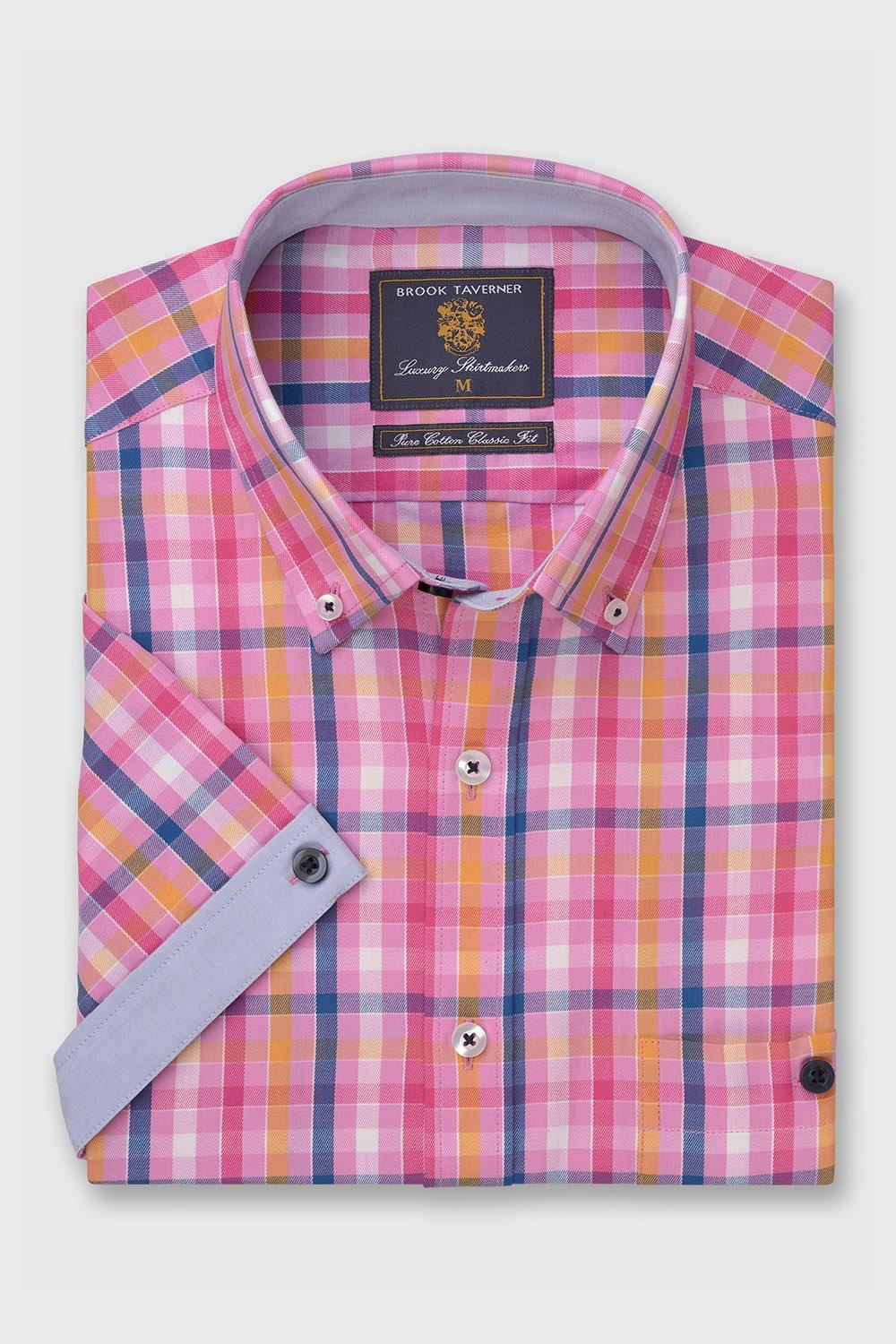 Shirts Pink with Blue Apricot Rose and White Check Short