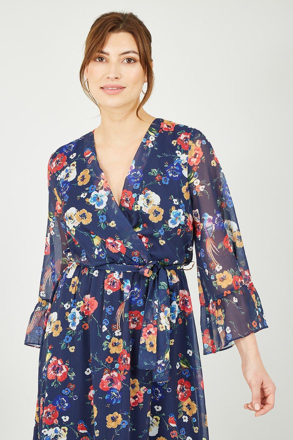 Dresses Navy Bird And Floral Print Wrap Dress Yumi