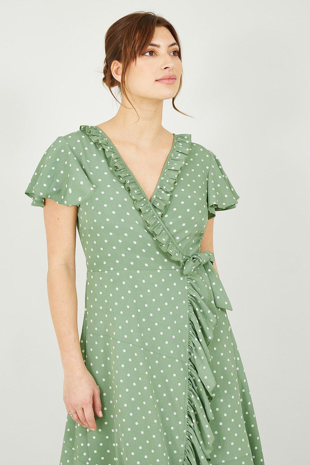 Dresses | Green Polka Dot Frill Wrap Dress | Yumi