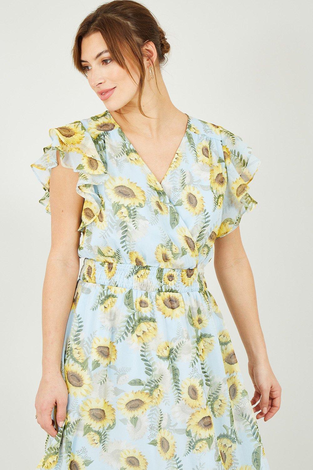 Dresses | Blue Sunflower Print Midi Dress | Yumi