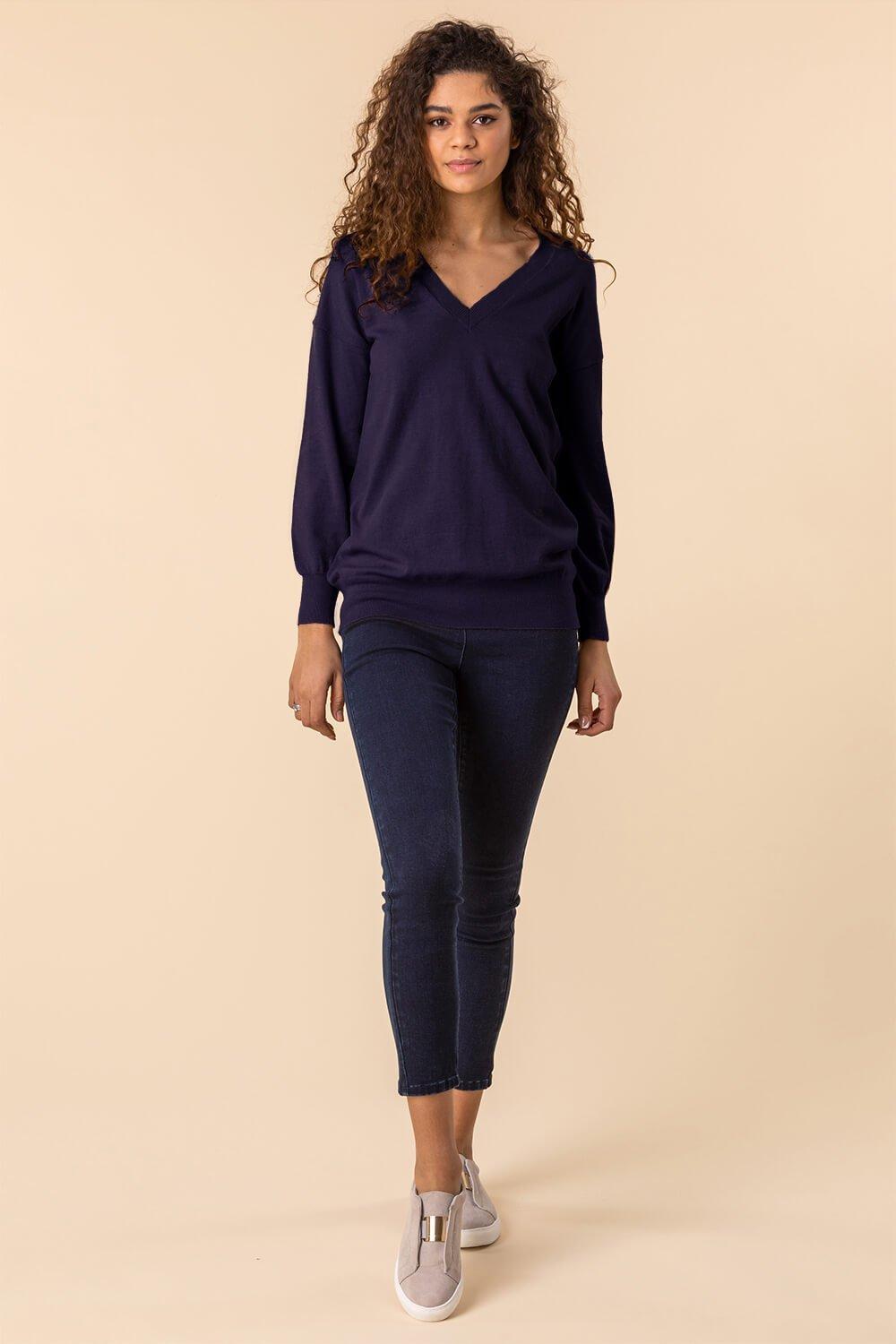 Jumpers & Cardigans, Plain V-Neck Stretch Longline Jumper