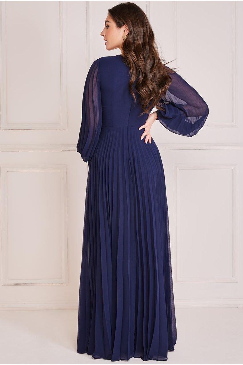 Goddiva Printed Chiffon Pleated Maxi Dress - Blue - Blue / 8