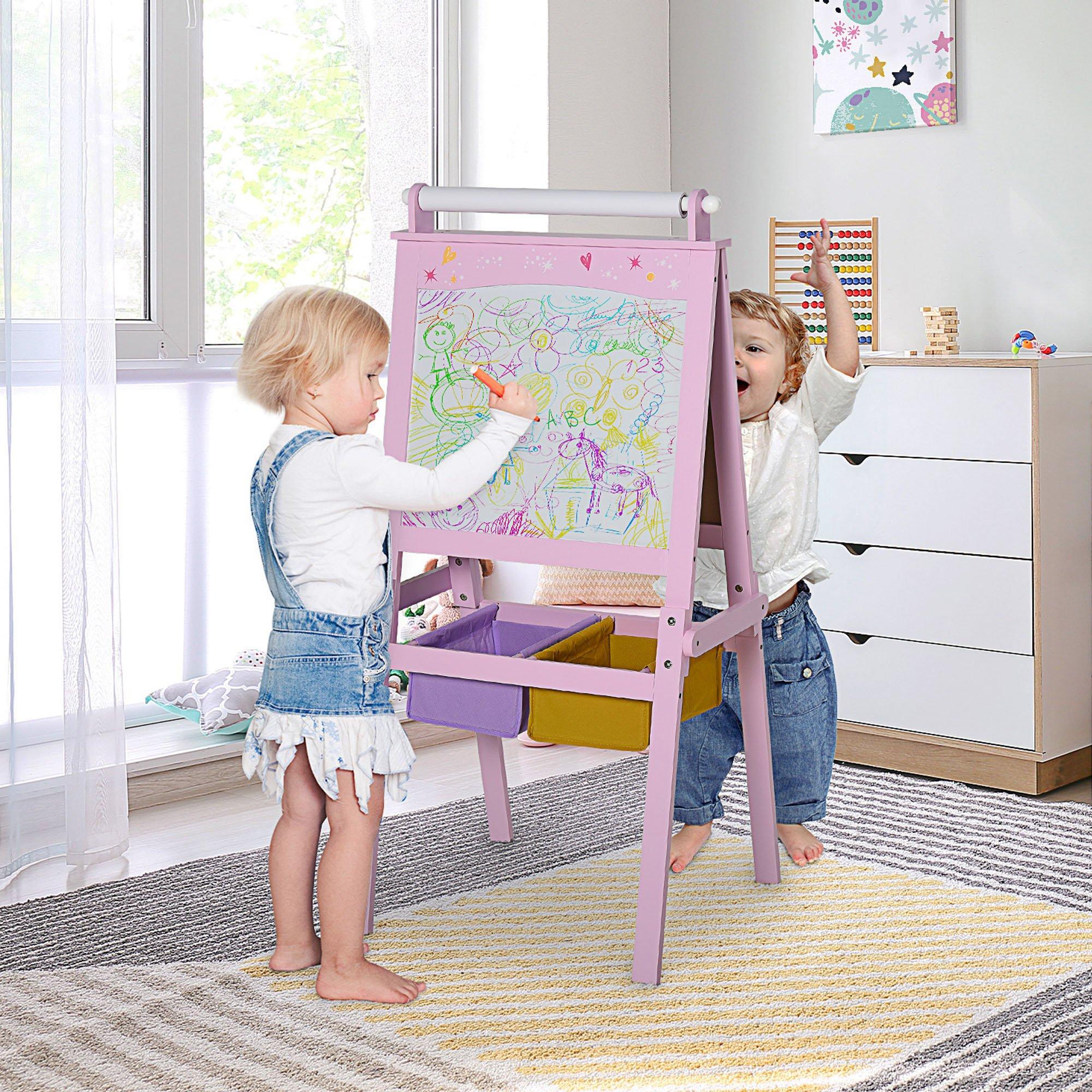AIYAPLAY Kids Easel with Paper Roll, Blackboard, Whiteboard