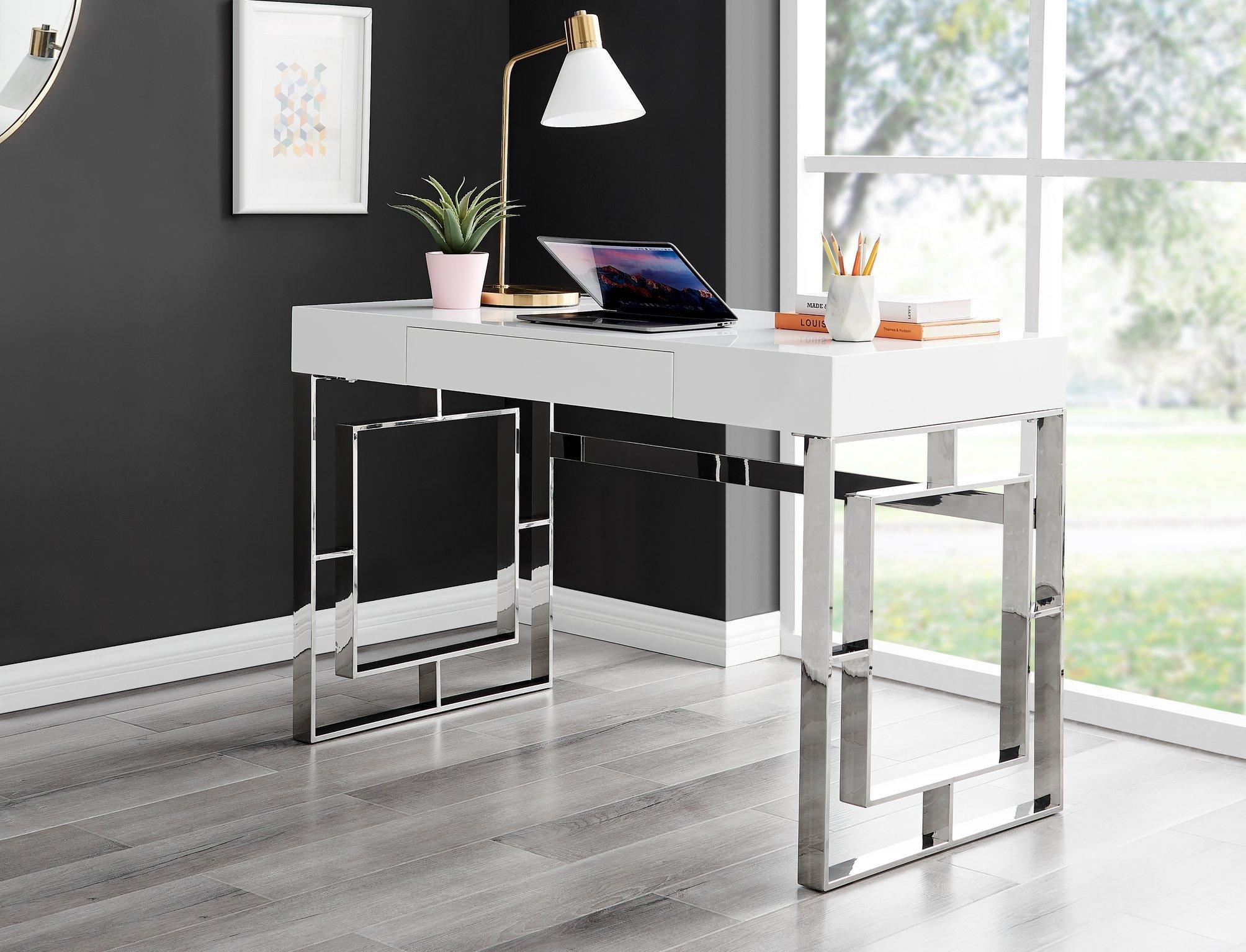 White gloss desk store with silver legs