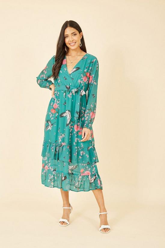 Yumi Green Crane Print Long Sleeve Wrap Midi Dress 3