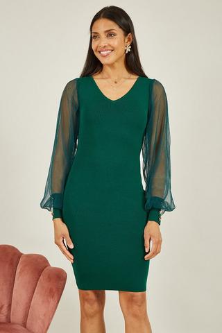 Product Green Knitted Body Con Dress With Chiffon Sleeve Green