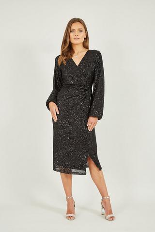 Product Black Sequin Ruched Wrap Long Sleeve Dress Black