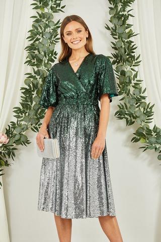 Product Green and Silver Ombre Sequin Midi Wrap Dress Green