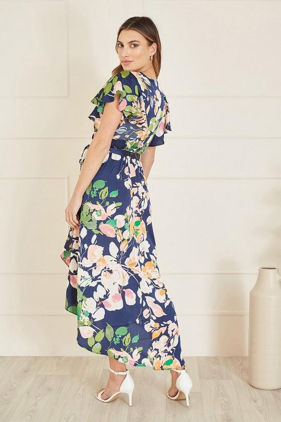 Mela Navy Floral Satin Wrap Over Midi Dress With Frill Sleeve 4