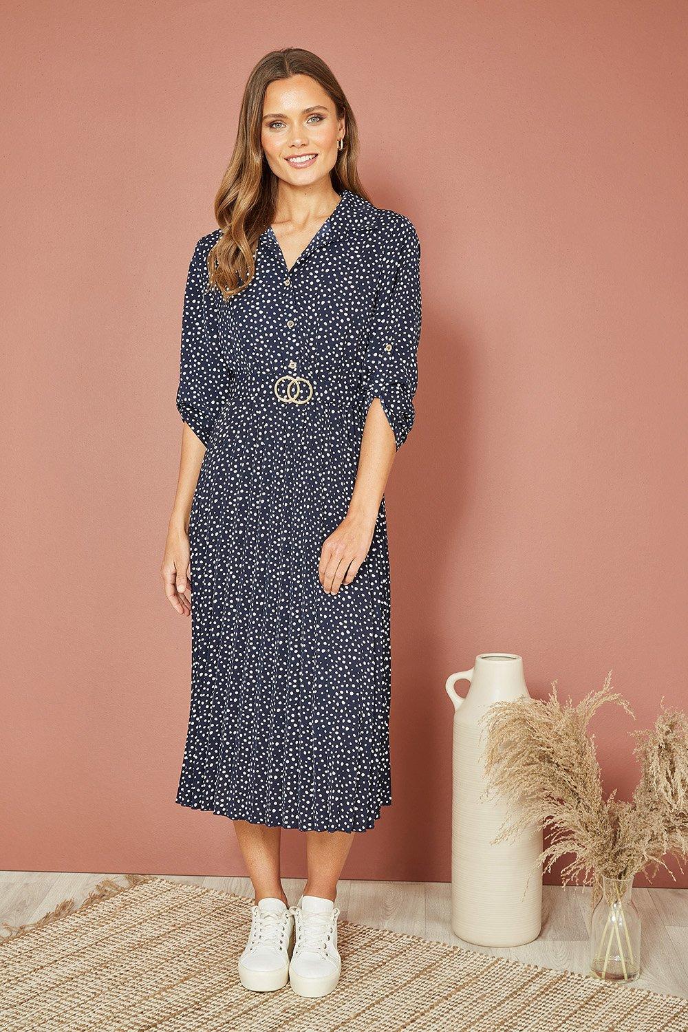 Dresses | Navy Spot Pleated Skirt Midi Dress With Gold Buckle | Mela