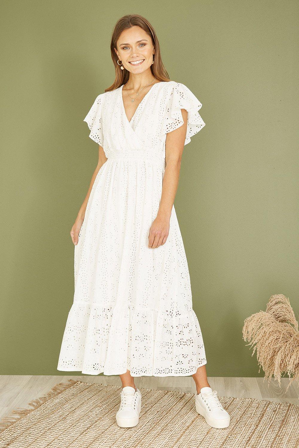 Dresses | White Organic Cotton Broderie Anglaise Wrap Midi Dress | Yumi