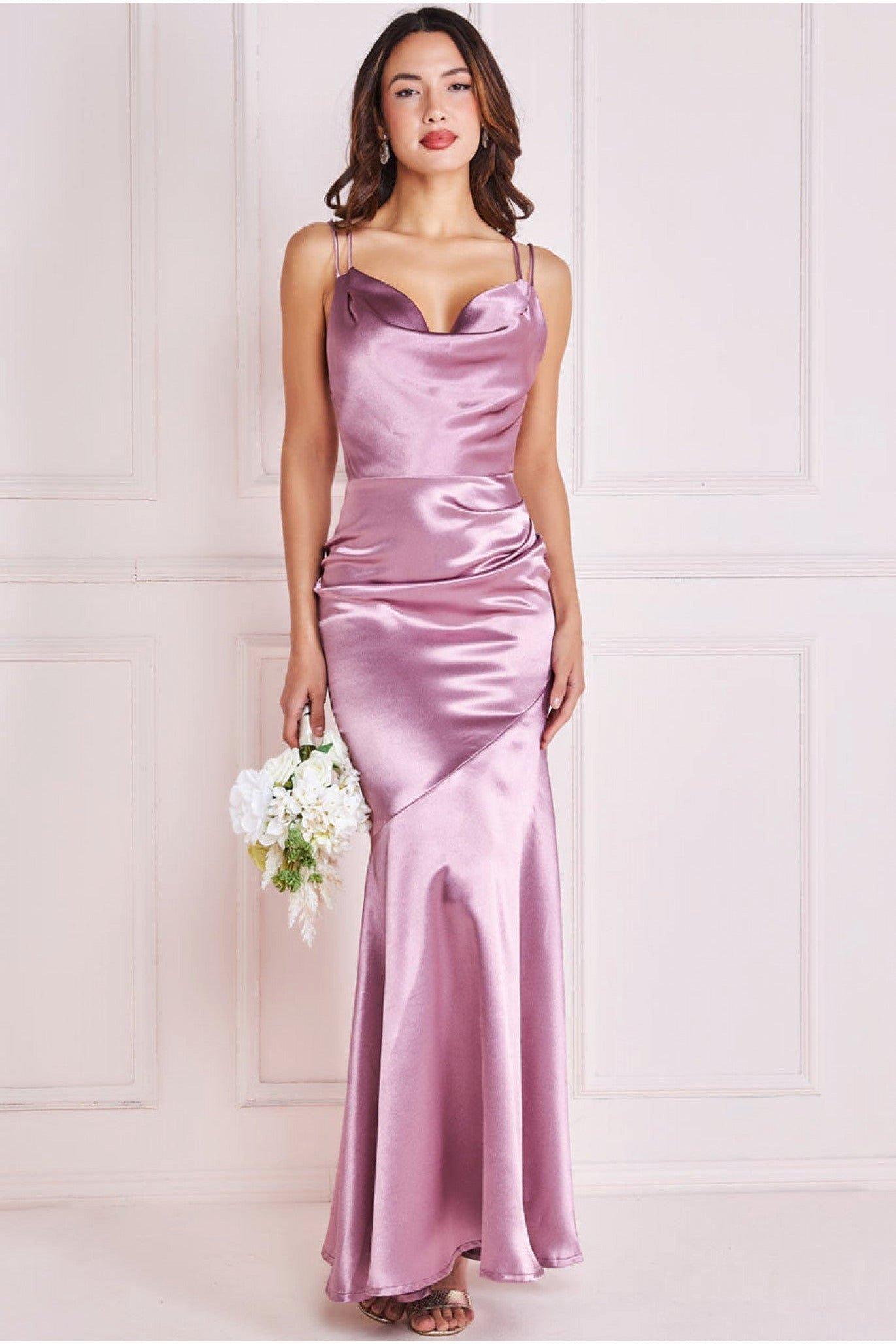 Goddiva Cowl Neck With Strappy Back Satin Maxi - Navy - Sale from Yumi UK