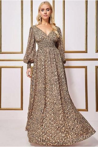 Gold Sequin V-Neck Ruched Maxi Split Maxi Dress - Sale from Yumi UK
