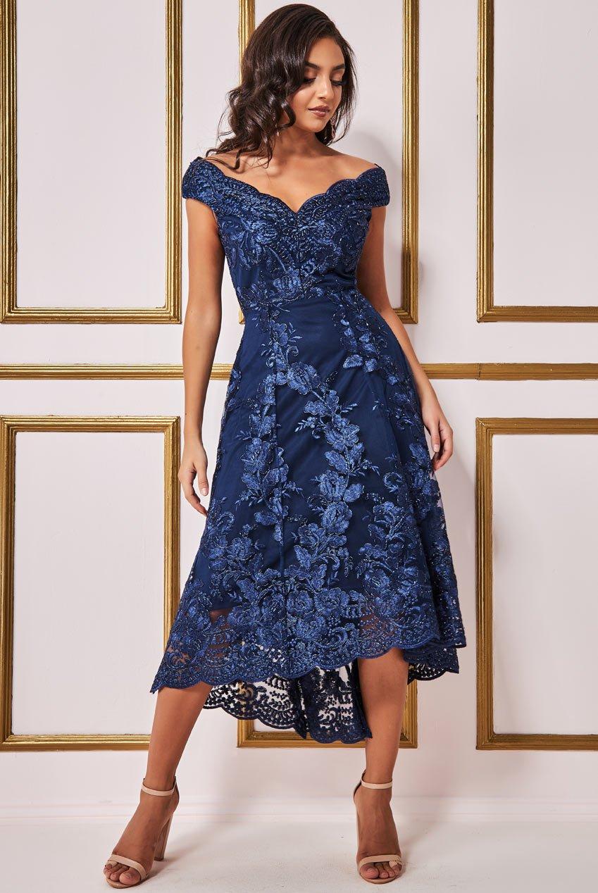 Lace midi dress store navy