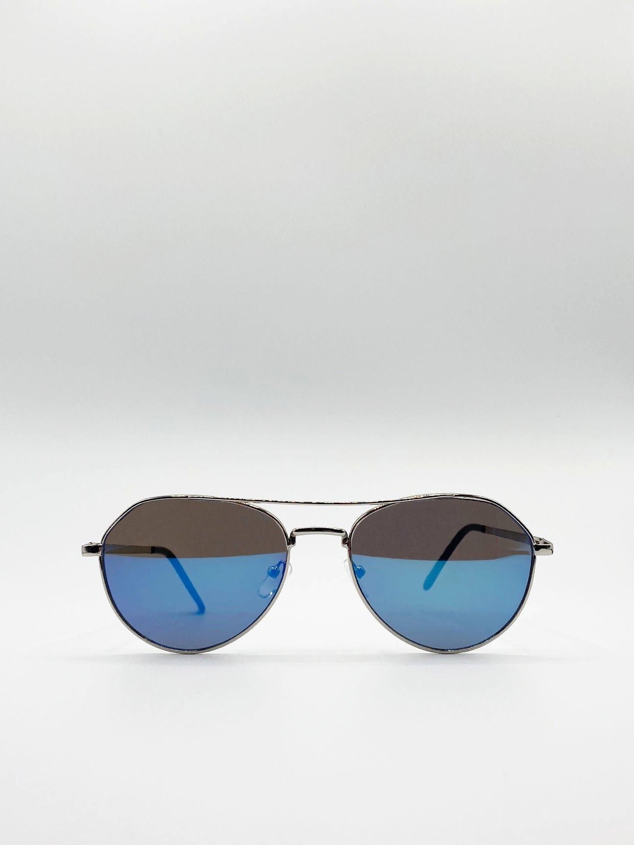 Sunglasses | Silver Aviator Sunglasses With Blue Mirrored Lenses | SVNX