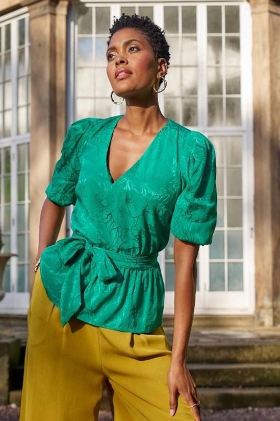 Puff Sleeve Jacquard Blouse With Tie Waist In Green