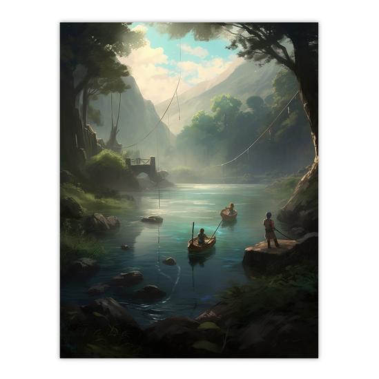 Wall Art & Pictures, Fishermen Casting Nets from Boats Painting Men Fishing  in River Serene Mountain Forest Landscape Unframed Wall Art Print Poster  Home Decor Premium