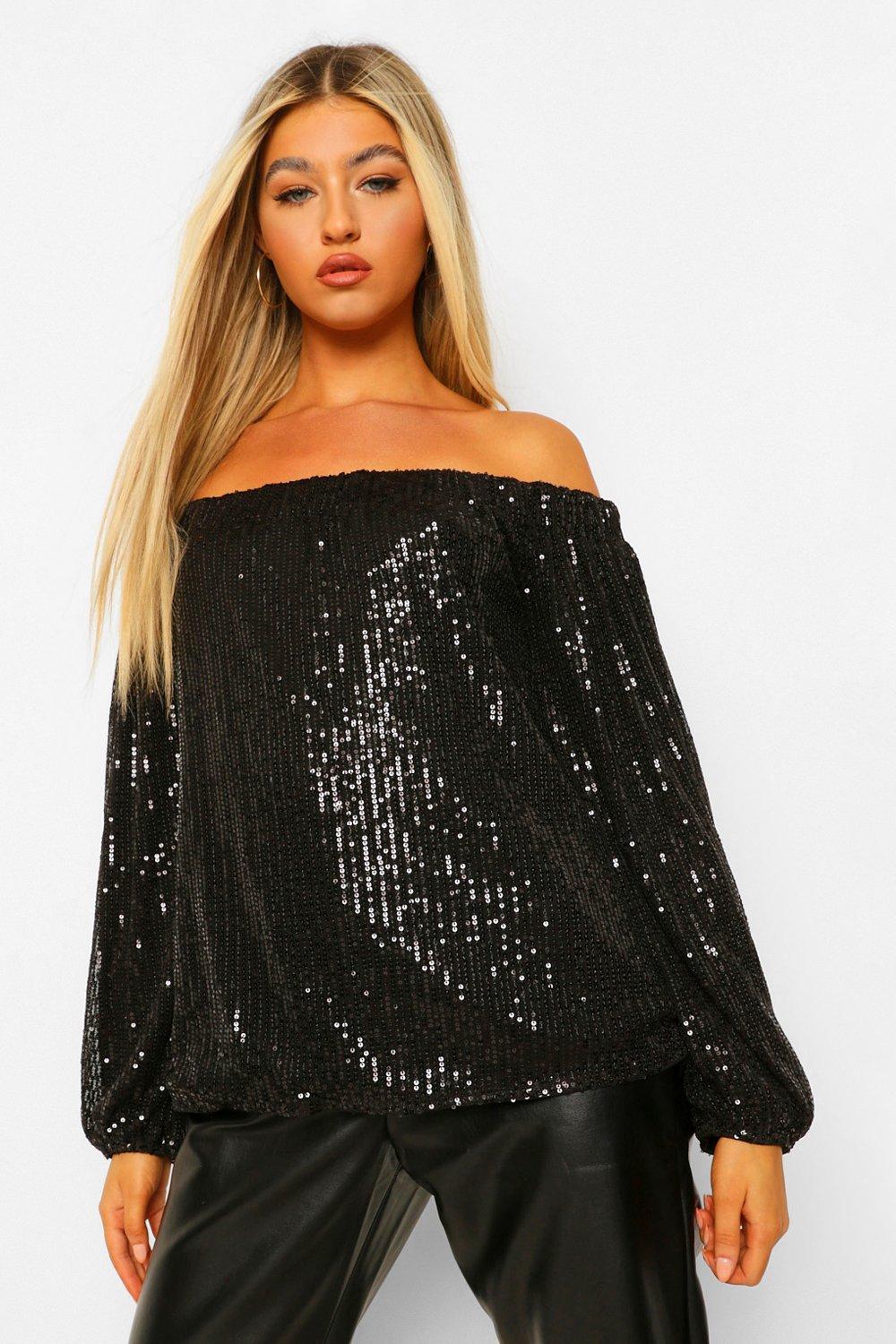 Black sequin sale cold shoulder top